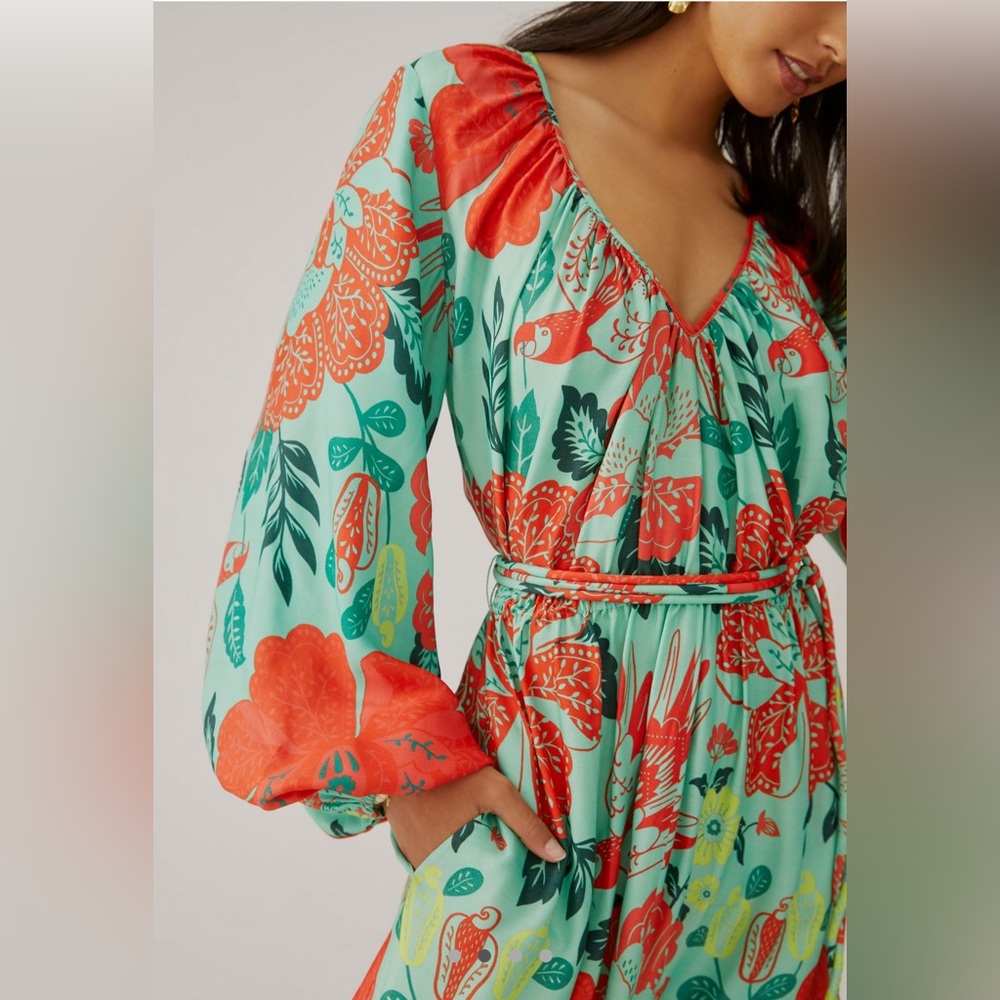 Anthropologie Red and Green Ruffled Sundress with Bishop Sleeves - Picture 7 of 7